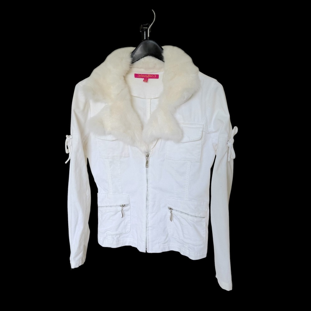 Y2K Jennyfer J White Corduroy Faux Fur Collar Zip Up Jacket Distressed M Utility